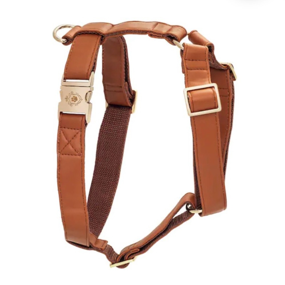 Dog harness, faux leather with heavy duty yellow gold metal hardware.